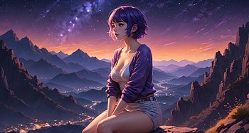 Anime Nights Mountain Vista, artist, artwork, anime-girl, ai, digital-art, pixiv HD wallpaper