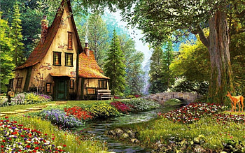 Forest Cottage, trees, grass, cottage, forest HD wallpaper