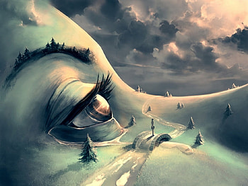 Face Of The Mountain, trees, eye, person, snow HD wallpaper