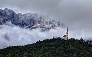 Hidden Church In The Forest, clouds, trees, sky, nature, church, forest, mountain HD wallpaper