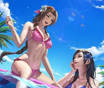 Girls, couple, girl, wip, water, vara, blue, nibelart, summer, swimsuit, pink, fantasy HD wallpaper