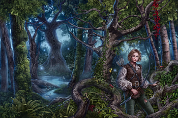 :), blue, fantasy, green, cris ortega, girl, luminos, forest, tree HD wallpaper