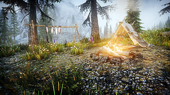 Cozy camp, bonfire, camp, The Elder Scrolls V: Skyrim, video game HD wallpaper