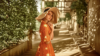 Girl Model Is Wearing Orange White Dots Dress And Big Hat Girls HD wallpaper