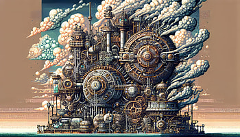 Steampunk Fantasy Machine, machine, steampunk, industrial, cloud, artistic HD wallpaper