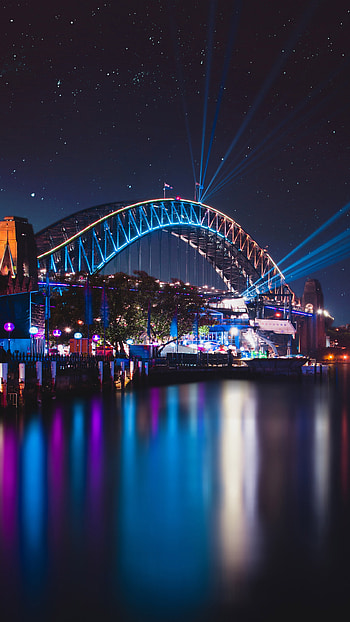 Sydney Harbor Bridge, Night reflections, Ultra HD phone wallpaper