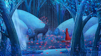 Lake of flowers, fantasy, art, red, deer, victoria sairykone, girl, winter, blue, lake, ice HD wallpaper