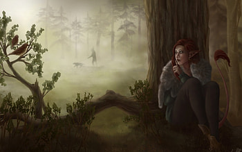 Shhh!, bird, art, hunter, girl, fox, elf, tree, woman, wood, fantasy, redhead, creature, forest HD wallpaper