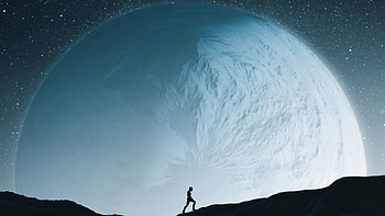 : Silhouette Beneath a Colossal Moon — Digital Space, Digital Art, Silhouette, Moon, Space HD wallpaper