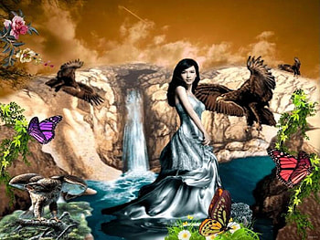 The girl who loves eagles and butterflies, butterflies, flowers, girl, eagles, cataract, lake HD wallpaper