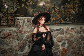 Red head, pony tails, black dress, outdoor HD wallpaper