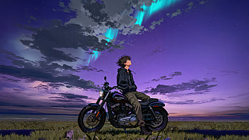 Lone Guy Sitting On A Motorcycle, bike, purple, sky, field, artist, artwork, art, digital-art, ai HD wallpaper