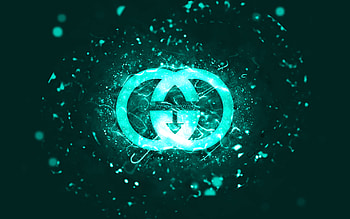 Gucci turquoise logo, , turquoise neon lights, creative, turquoise abstract background, Gucci logo, brands, Gucci HD wallpaper