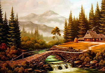 Mountain house, river, creek, sheaps, peaceful, serenity, nice, quiet, shore, painting, trees, autumn, hills, art, house, fall, farm, beautiful, mountain, stone, bridge, nature, cottage, lovely, calmness, village, stream HD wallpaper