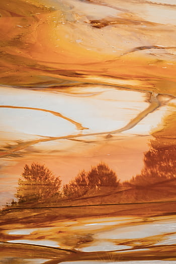 Orange and marbled abstract landscape art with tree reflections, evoking a sunset or fall scene. HD phone wallpaper