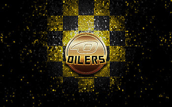 HC Stavanger Oilers, glitter logo, Fjordkraft-ligaen, yellow black checkered background, hockey, Eliteserien, norwegian hockey team, Stavanger Oilers logo, mosaic art, Stavanger Oilers, Norway, Stavanger Ishockeyklubb HD wallpaper