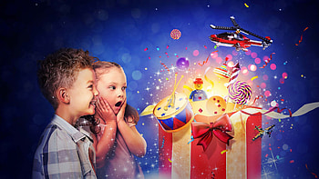 Surprises for kids, blue, toy, children, craciun, girl, gift, copil, little, fantasy, boy, box, red, couple, child HD wallpaper
