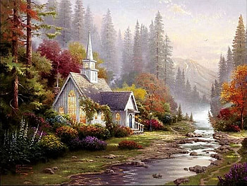 Small church, river, small, church, painting, abstract, trees, view, nature, mountains HD wallpaper