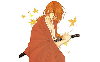 Himura Kenshin, kenshin, kimono, orange hair, white background, long hair, lone, samurai x, male, sword, orange eyes, weapons, rurouni kenshin, leaves, anime, samurai, kenshin himura, katana, solo HD wallpaper