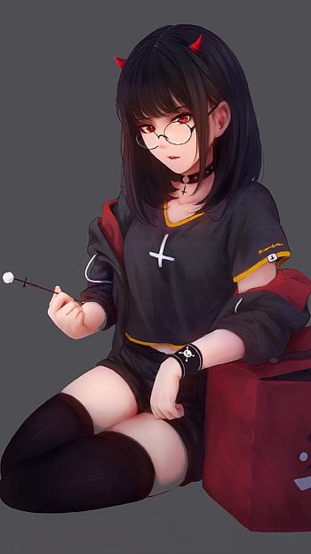 glasses, shorts, red eyes, horns, black hair, Anime, Original HD phone wallpaper
