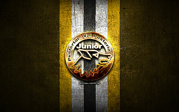 HC Pustertal, golden logo, ICE Hockey League, yellow metal background, austrian hockey team, HC Pustertal logo, hockey HD wallpaper