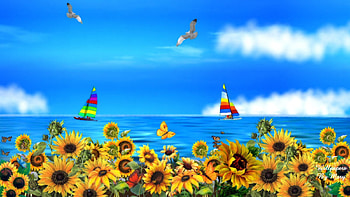 Sunflower Beach 1600x900, sailboats, sailing, sunflowers, beaches HD wallpaper