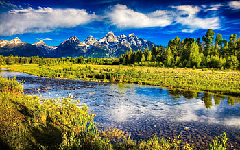 Nature, Rivers, Trees, Grass, Stones, Sky, Mountains, Brightly, Bottom, Contrast HD wallpaper