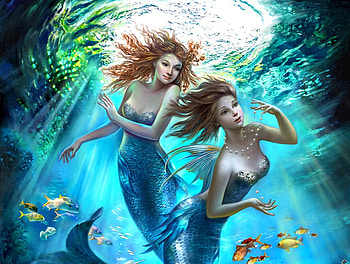 Mermaids, blue, mermaid, frumusete, fantasy fairy angel, summer, nadia strelkina, fantasy, couple, underwater, fish, luminos HD wallpaper