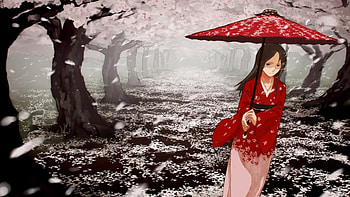 Anime, trees, umbrella, girl HD wallpaper