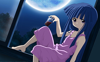 Higurashi - Rika, blue, rika, window, anime, moon, higurashi, hair, drink, female HD wallpaper