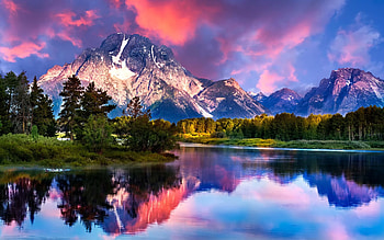 Snake River and Grand Tetons, Wyoming, trees, clouds, colors, sky, mountains, water, reflections, sunset, usa HD wallpaper