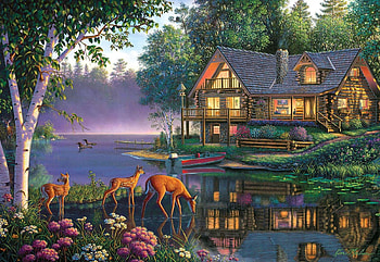 Sweet Serenity, artwork, ducks, painting, deer, trees, cottage, flowers, lake HD wallpaper