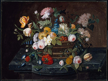 Flowers in a basket, still life, basket, painting, art, pictura, flower HD wallpaper