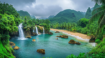 Serene Jungle Waterfall: A Captivating, jungle, landscape, nature, waterfall, tree HD wallpaper
