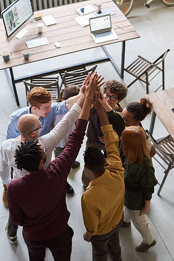 A diverse group of professionals high-fiving in a modern office, showcasing teamwork and collaboration. HD phone wallpaper