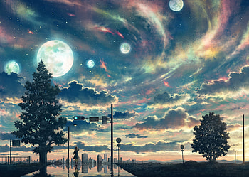 :), night, kazami ehoh, moon, anime, scenic, luna, sky, manga HD wallpaper