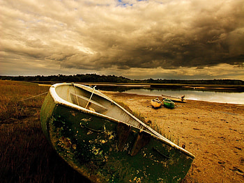 Boat on the Beach, river, boat, sand, clouds, nature, beach HD wallpaper