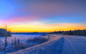 siberian winter landscape r, winter, trees, road, r, sunset, countryside HD wallpaper