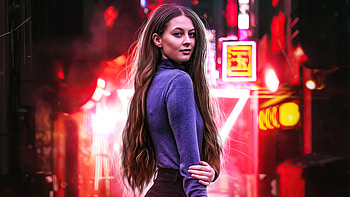 Red City Neon Girl , neon, artist, artwork, digital-art, artstation HD wallpaper