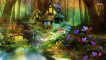 Beautiful hut in a Fantasy Forest, Feelings, Delicate, Nature, Love, Cute, Fantasy, Smile, Green, Beautiful, painting, Flower, graphy, Sunset, Forest, Pretty, Purple, Softness, Life, Art, , Lake, Glitter, Waterfall HD wallpaper