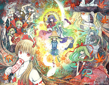 touhou, moriya, kochiya sanae, hakurei reimu, aki minoriko, kagiyama hina, amano miyabi, kirisame marisa, aki shizuha HD wallpaper