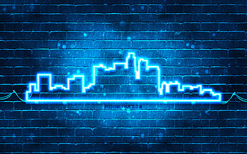 Los Angeles blue neon silhouette, , blue neon lights, Los Angeles skyline silhouette, blue brickwall, american cities, neon skyline silhouettes, USA, Los Angeles silhouette, Los Angeles HD wallpaper