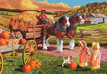 Hay Wagon, children, horses, cart, dog, pumpkins, painting HD wallpaper