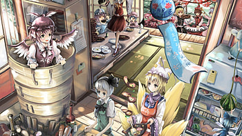 Touhou World, wings, kimono, tails, artowork, art, dresses, house, anime, touhou, cool, foxes HD wallpaper