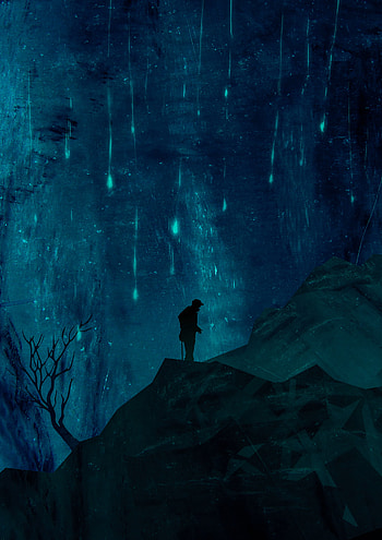 Art, Mountains, Night, Silhouette, Starfall HD phone wallpaper