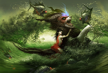 red, fish, girl, beast, water HD wallpaper