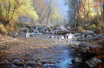 forest stream an fall season, painting, fall, nature, forest, stream HD wallpaper