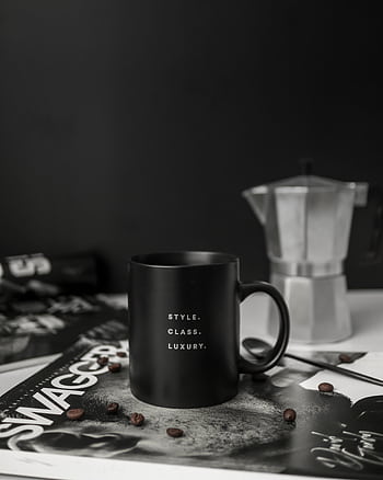 Black coffee mug with a luxury feel, surrounded by coffee beans and a moka pot. HD phone wallpaper