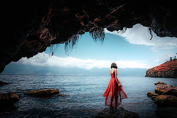 ღ, Fog, Girl, Red dress, Sea, Sky HD wallpaper