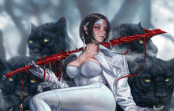 Kerberos, black, white, kyu yong eom, fantasy, art, panther, girl HD wallpaper